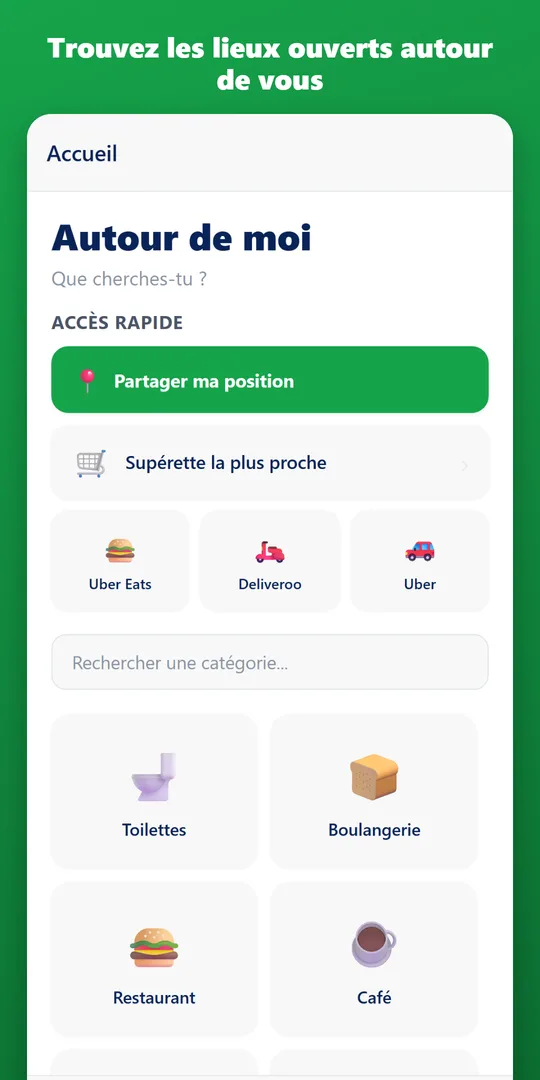 Écran d'accueil : catégories autour de moi