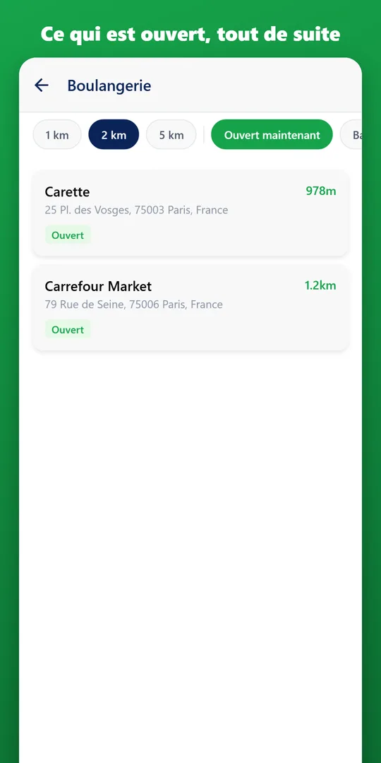 Liste de lieux ouverts triés par distance