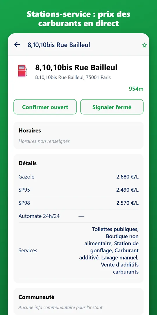Fiche d'une station-service avec les prix